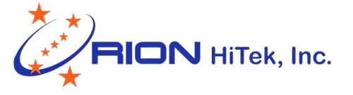 Orion HiTek Inc logo featuring five orange stars orbiting a blue ellipse with the company name Orion HiTek Inc in bold blue text on a white background, conveying a professional and innovative tone
